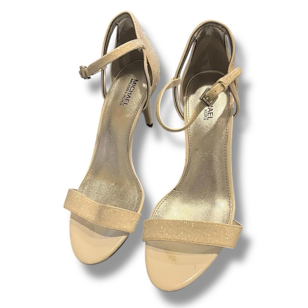 MICHAEL KORS White Glitter Sparkle Strap Sandal Heel Simone Size 7 Strappy Ankle